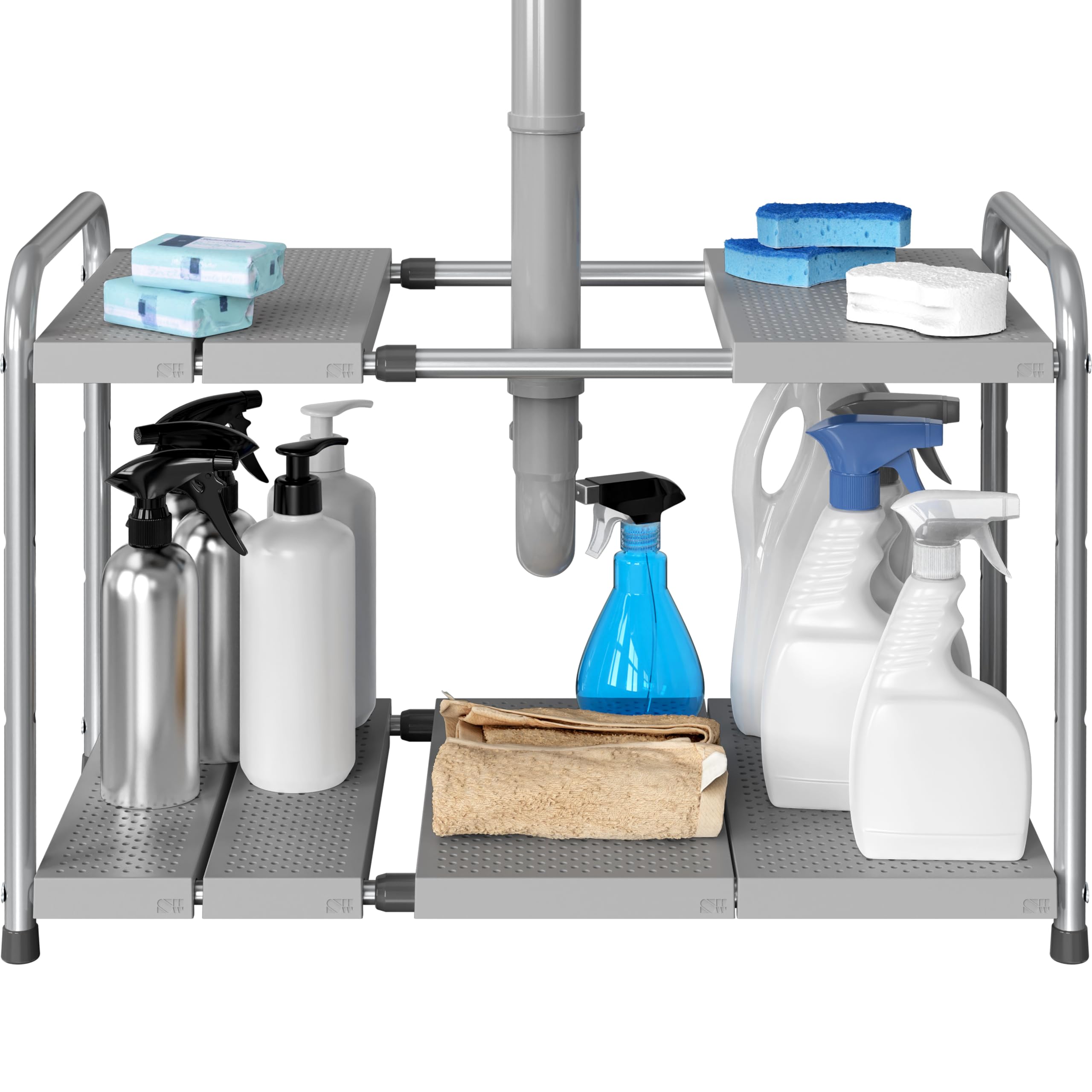 Simple Houseware under-sink rack expands to fit pipes for easy access.