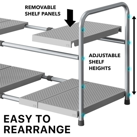 Simple Houseware under-sink rack with perforated shelves for moisture resistant storage.
