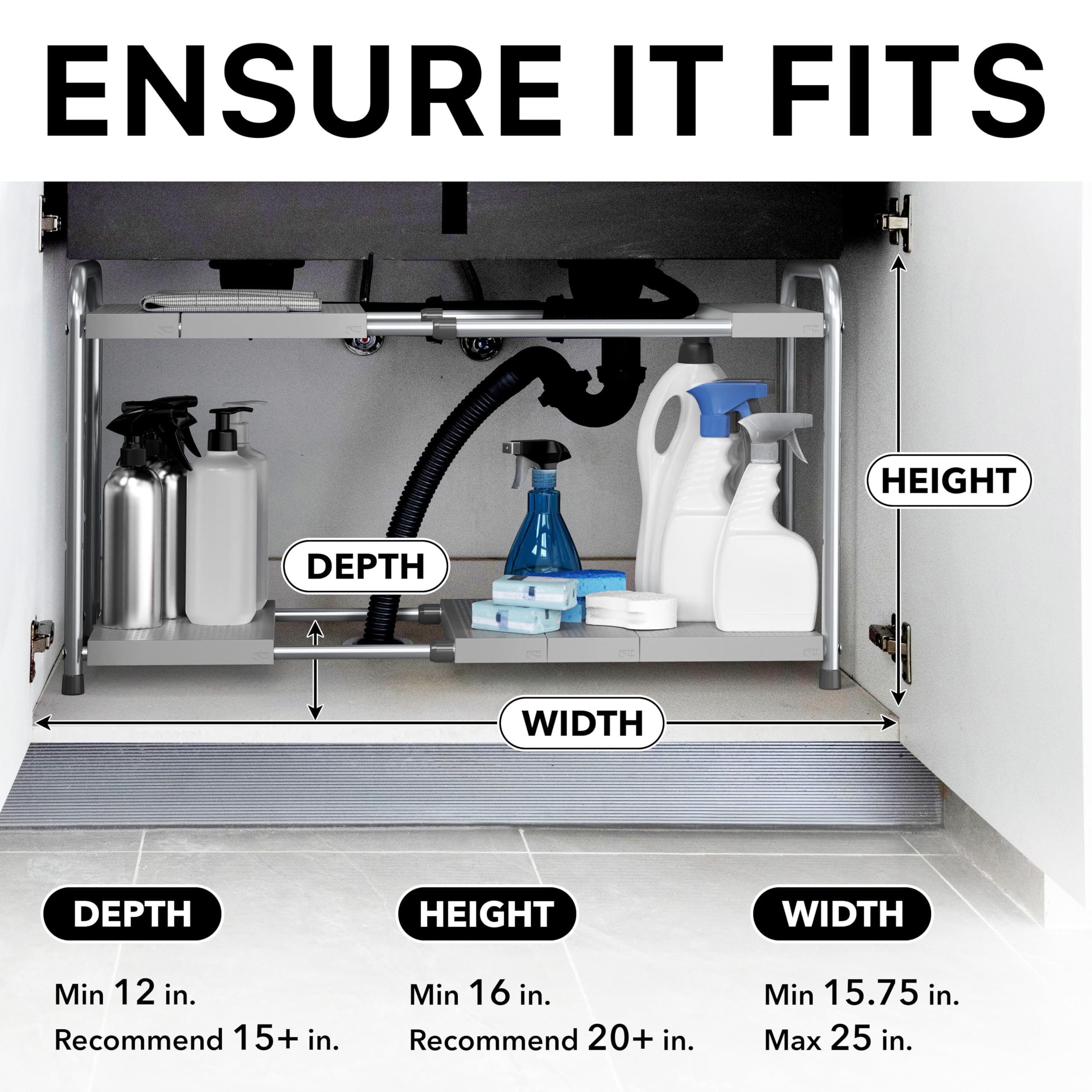 Simple Houseware under-sink rack with removable panels for customized organization.