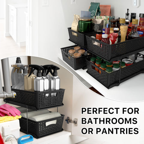 Simple Houseware under-sink storage solution keeps toiletries neat and reachable.