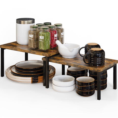 Simple Houseware wooden top expandable shelf keeps cabinet contents organized and accessible.