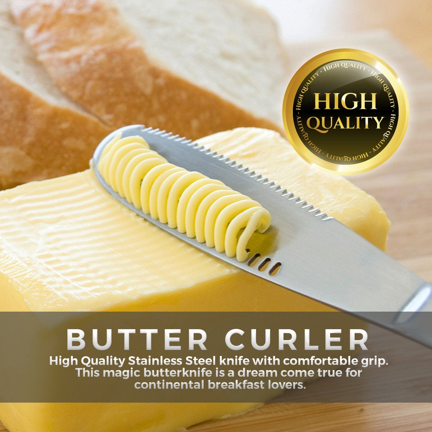 Simple preading stainless steel butter spreader with ergonomic handle.