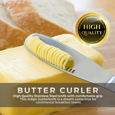 Simple preading stainless steel butter spreader with ergonomic handle.