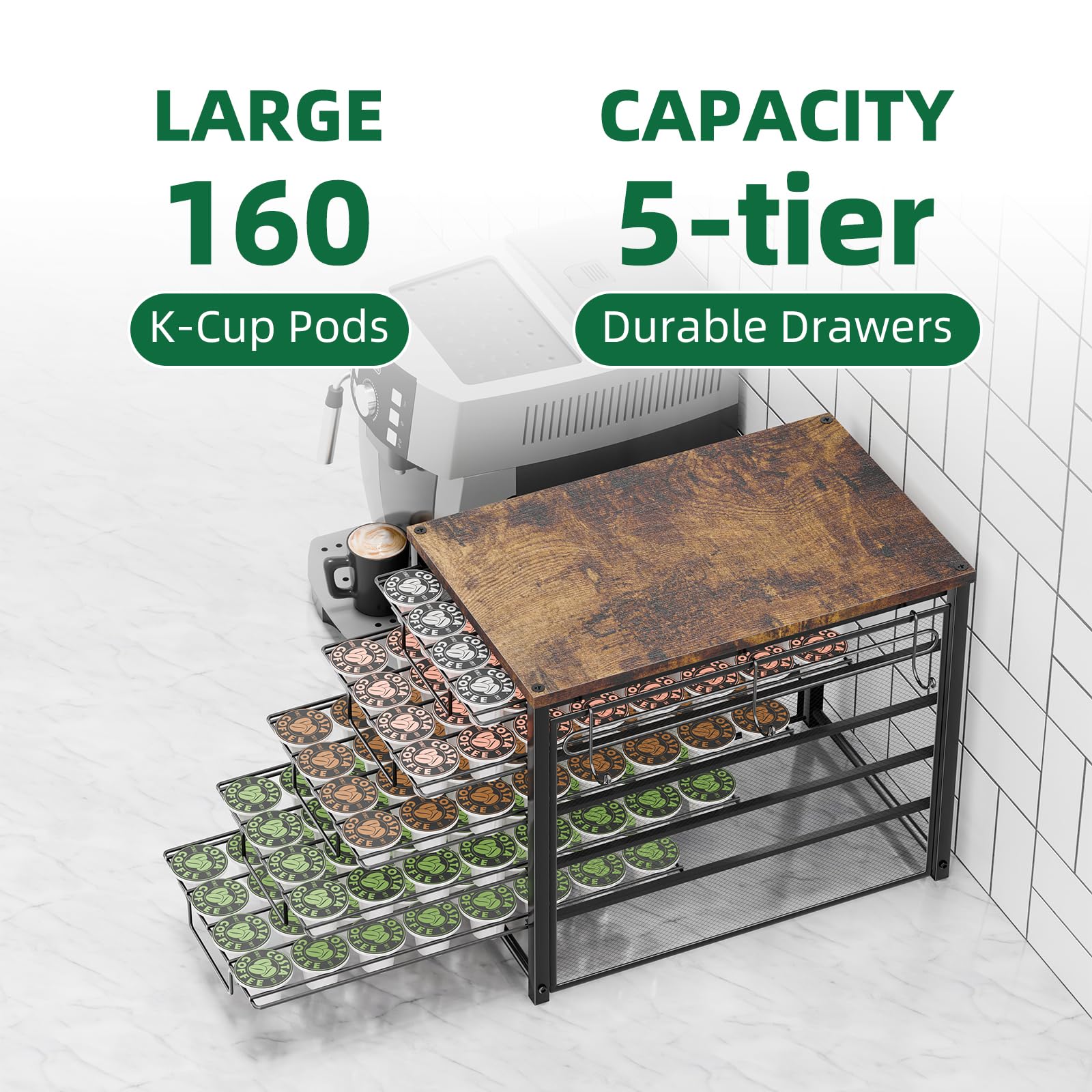 Can hold up to 160 K-Cups for organized brewing.