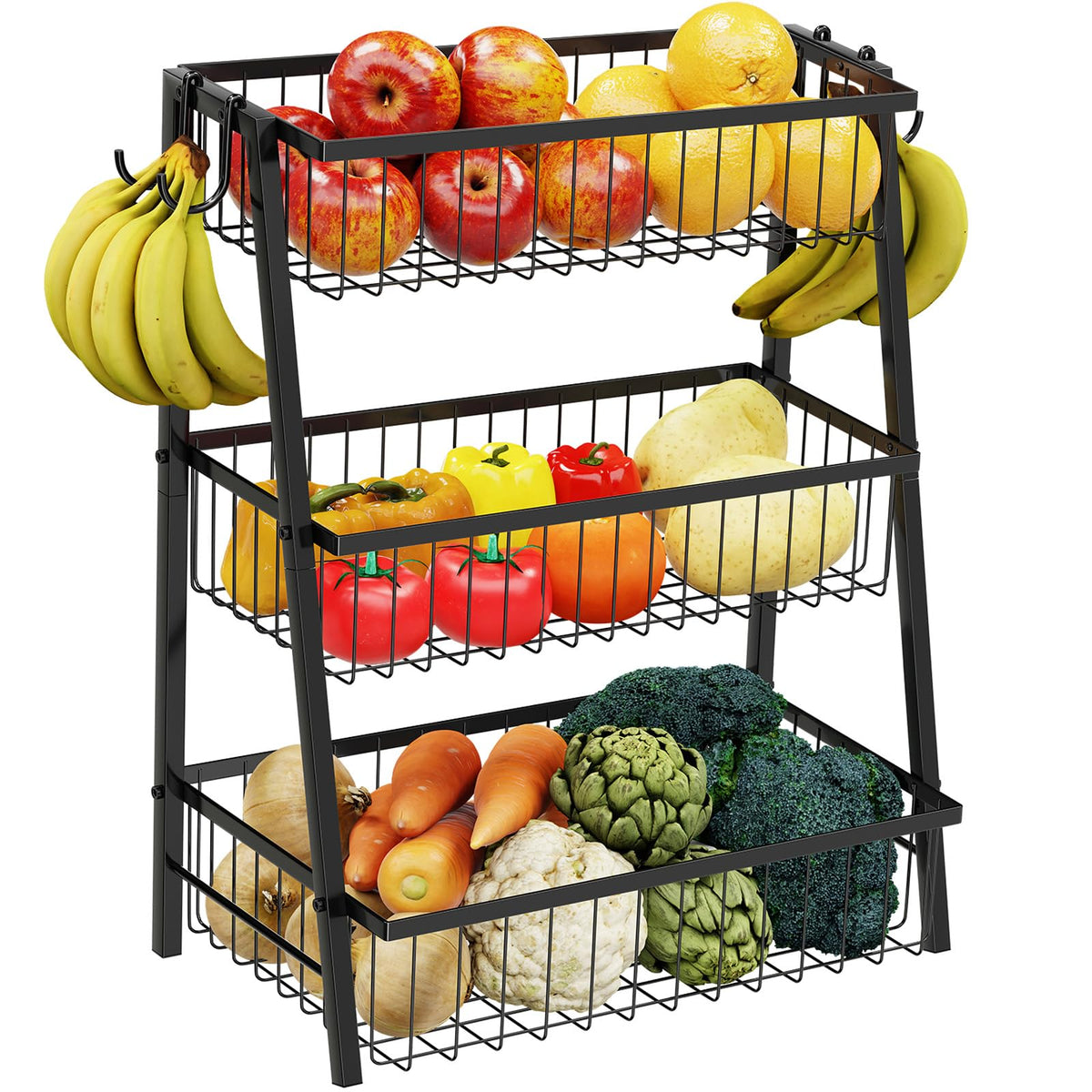 Simple Trending 3-Tier trapezoidal fruit basket provides clear countertop visibility for produce.
