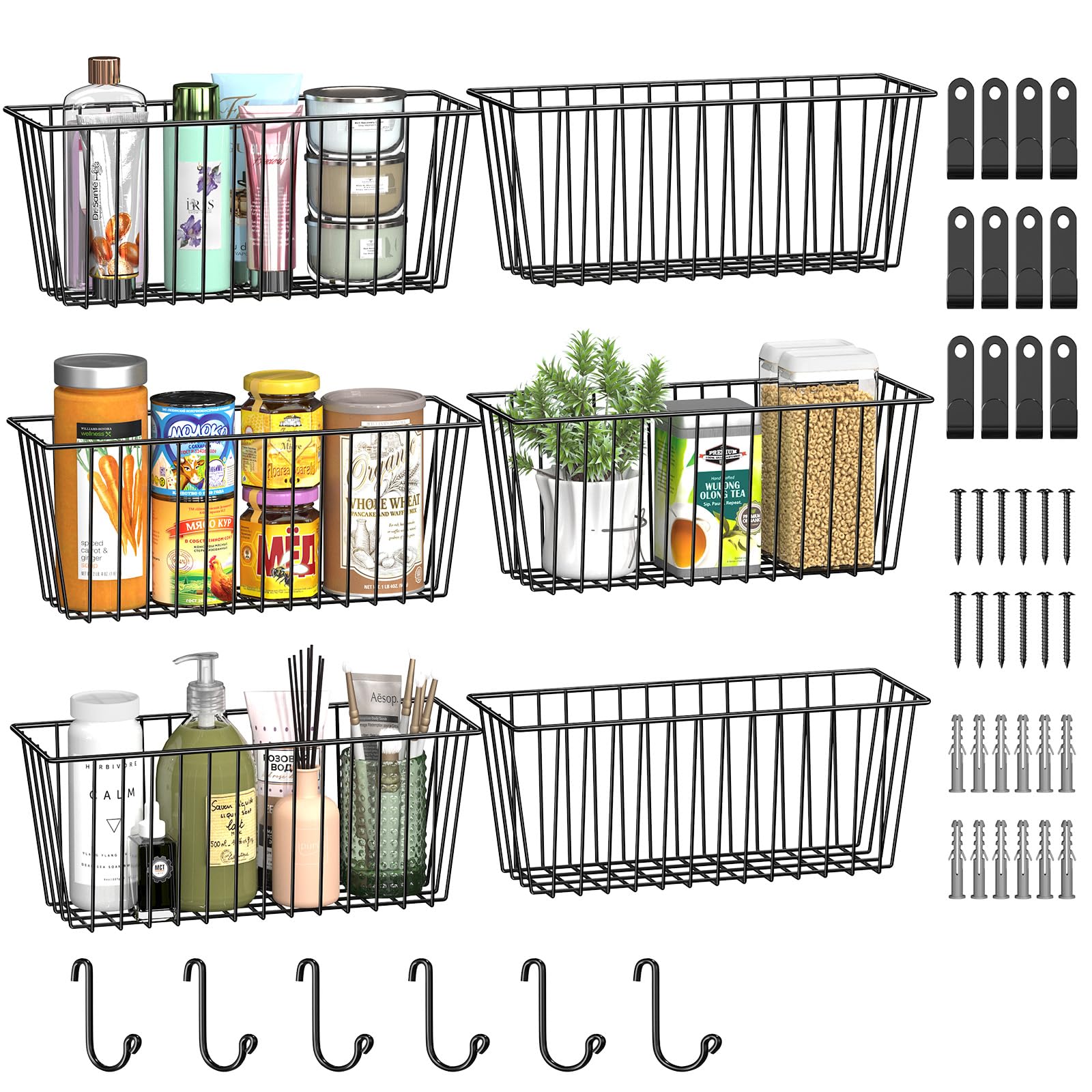 Simple Trending six-pack wall baskets organized for kitchen and bath use.