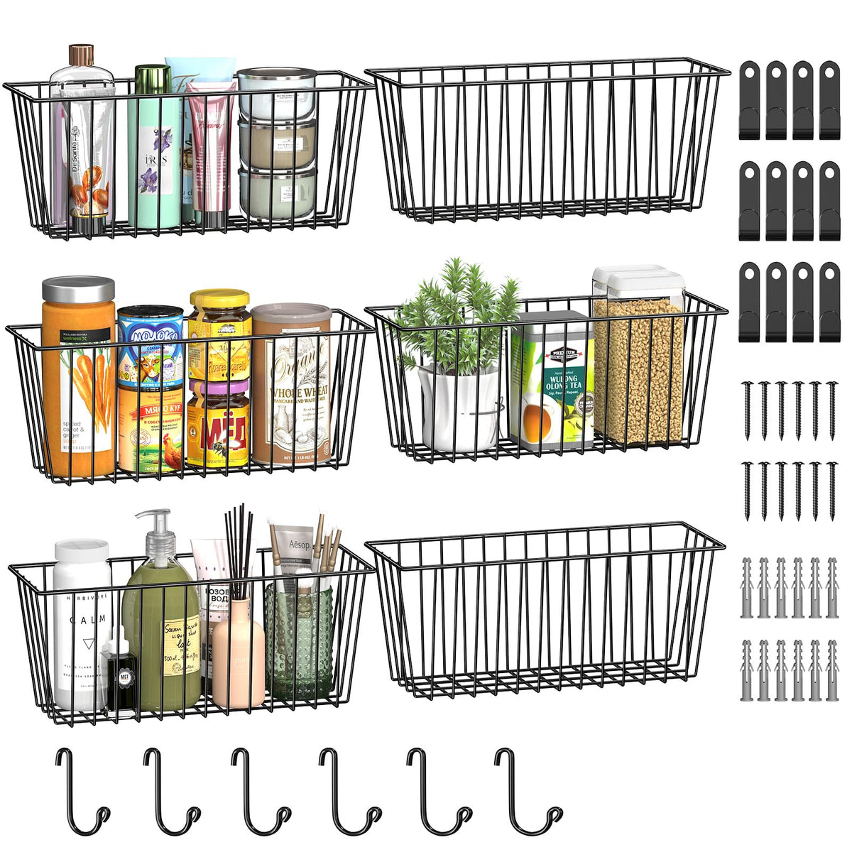 Simple Trending six-pack wall baskets organized for kitchen and bath use.