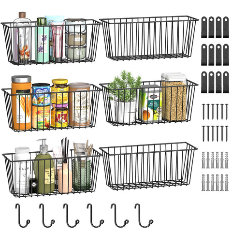 Simple Trending six-pack wall baskets organized for kitchen and bath use.