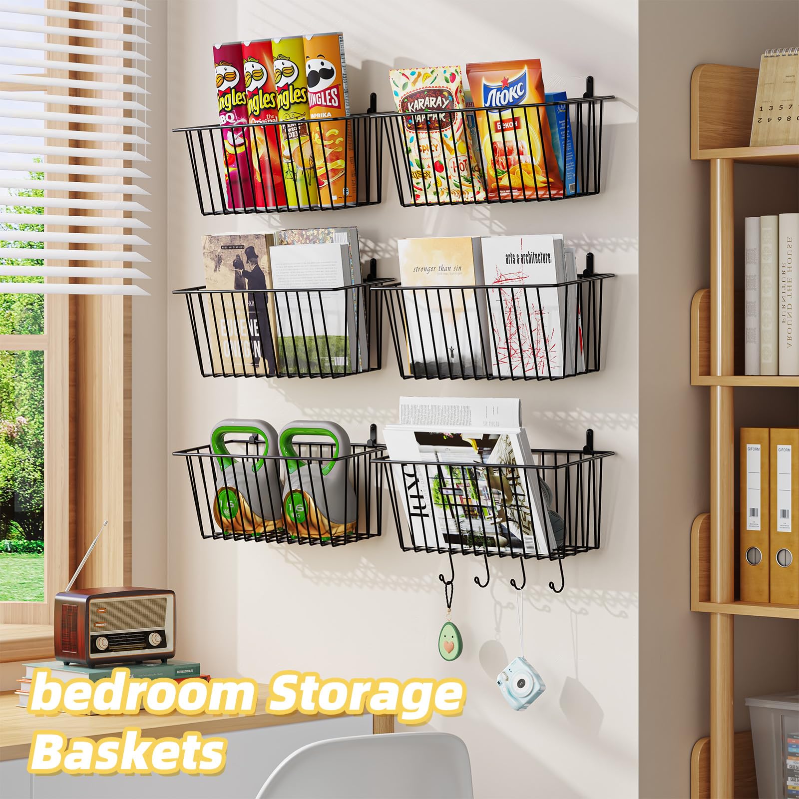 Baskets holding fruits and vegetables from Simple Trending in a pantry.