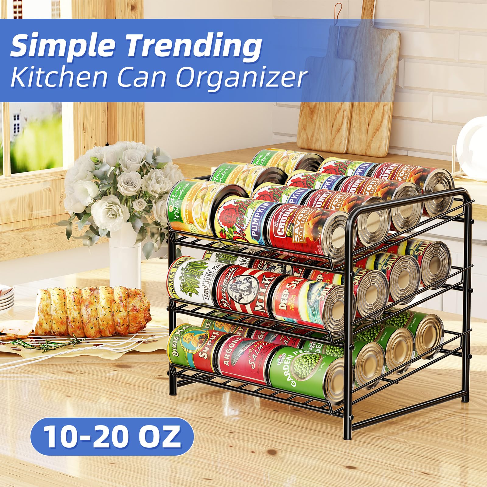 Simple Trending Can Rack side view showing slim profile in a cabinet.