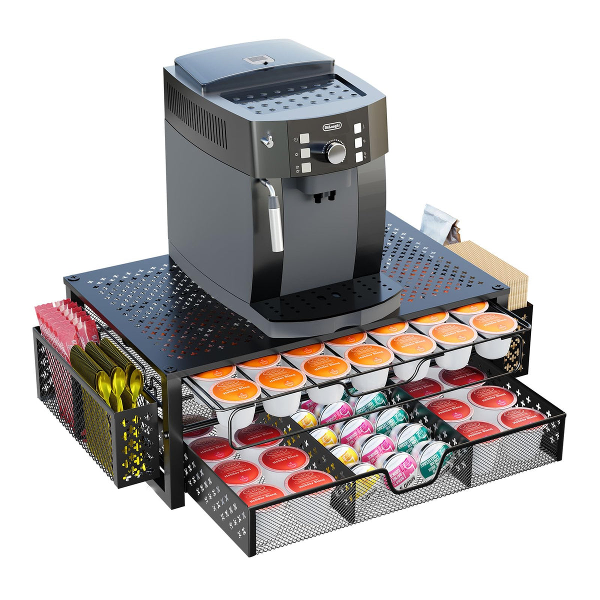 Simple Trending coffee pod holder front view showing organized K cups and metal frame