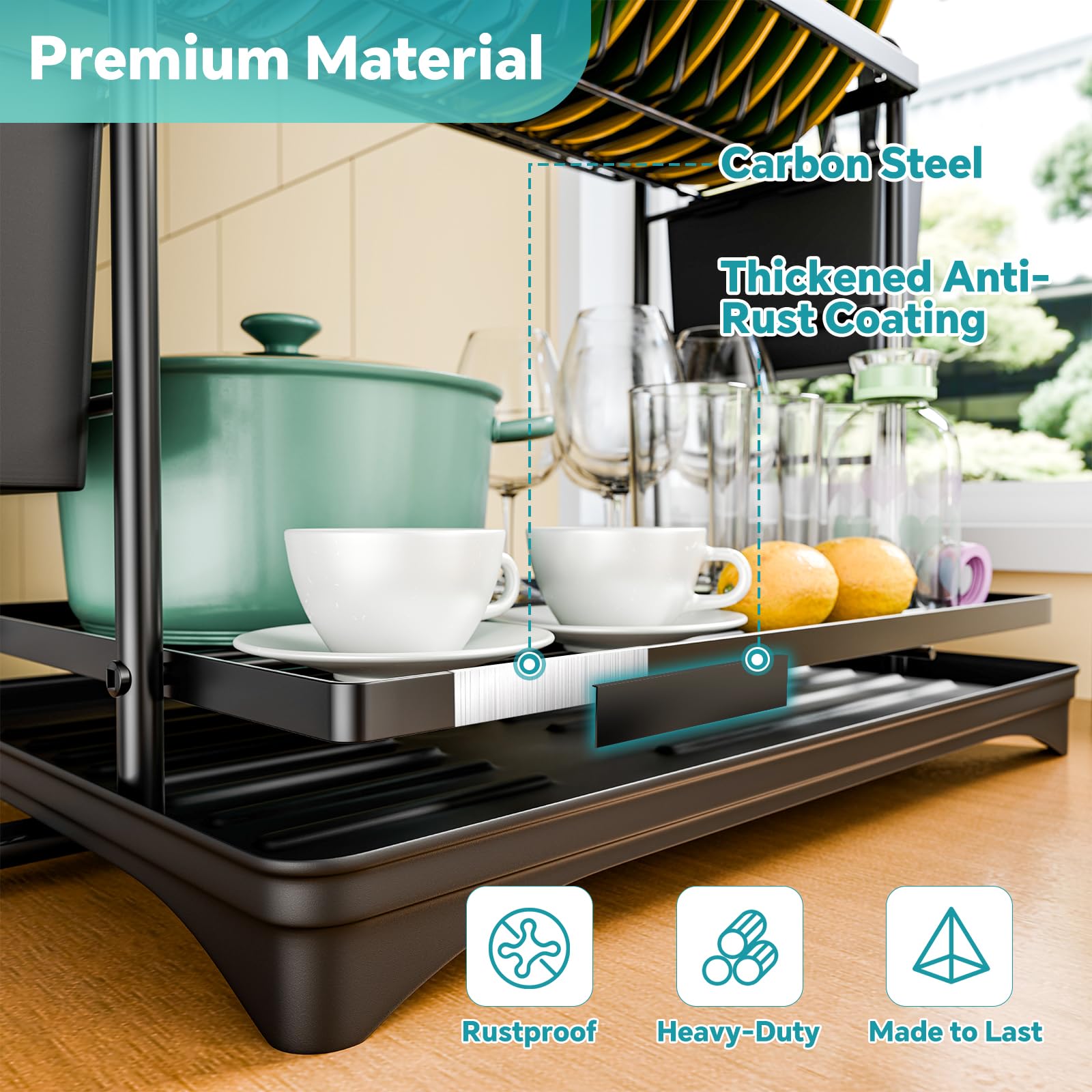 Simple Trending dish drying rack dimensions highlighting compact footprint and large capacity.