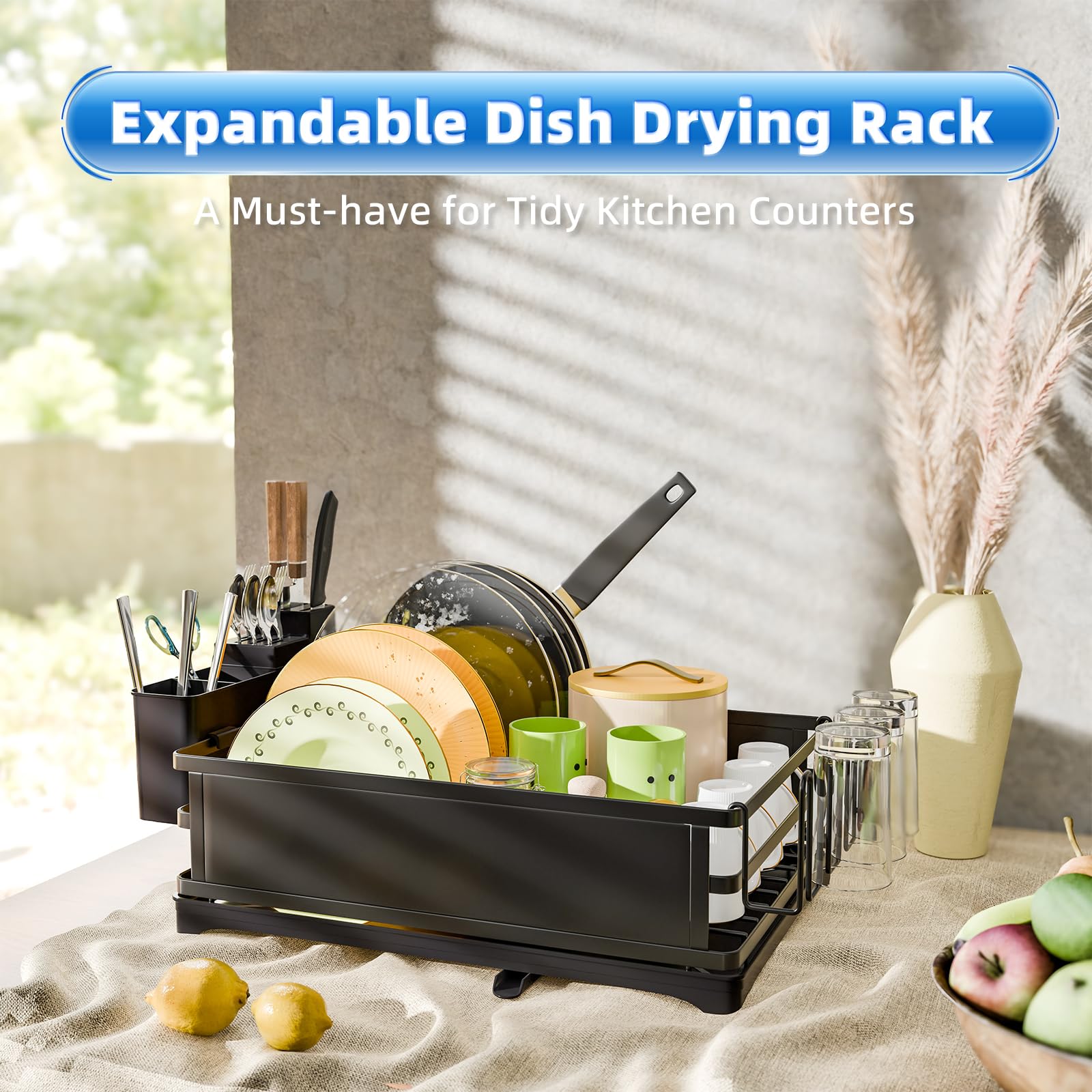 Simple Trending dish rack with built-in cutlery holder keeps utensils organized