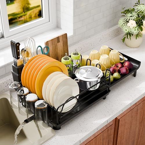 Simple Trending extendable dish drying rack in extended mode showing expanded capacity for more dishes.