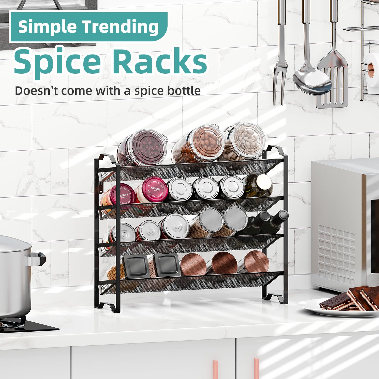Simple Trending spice rack features rust-resistant black metal finish for longevity.