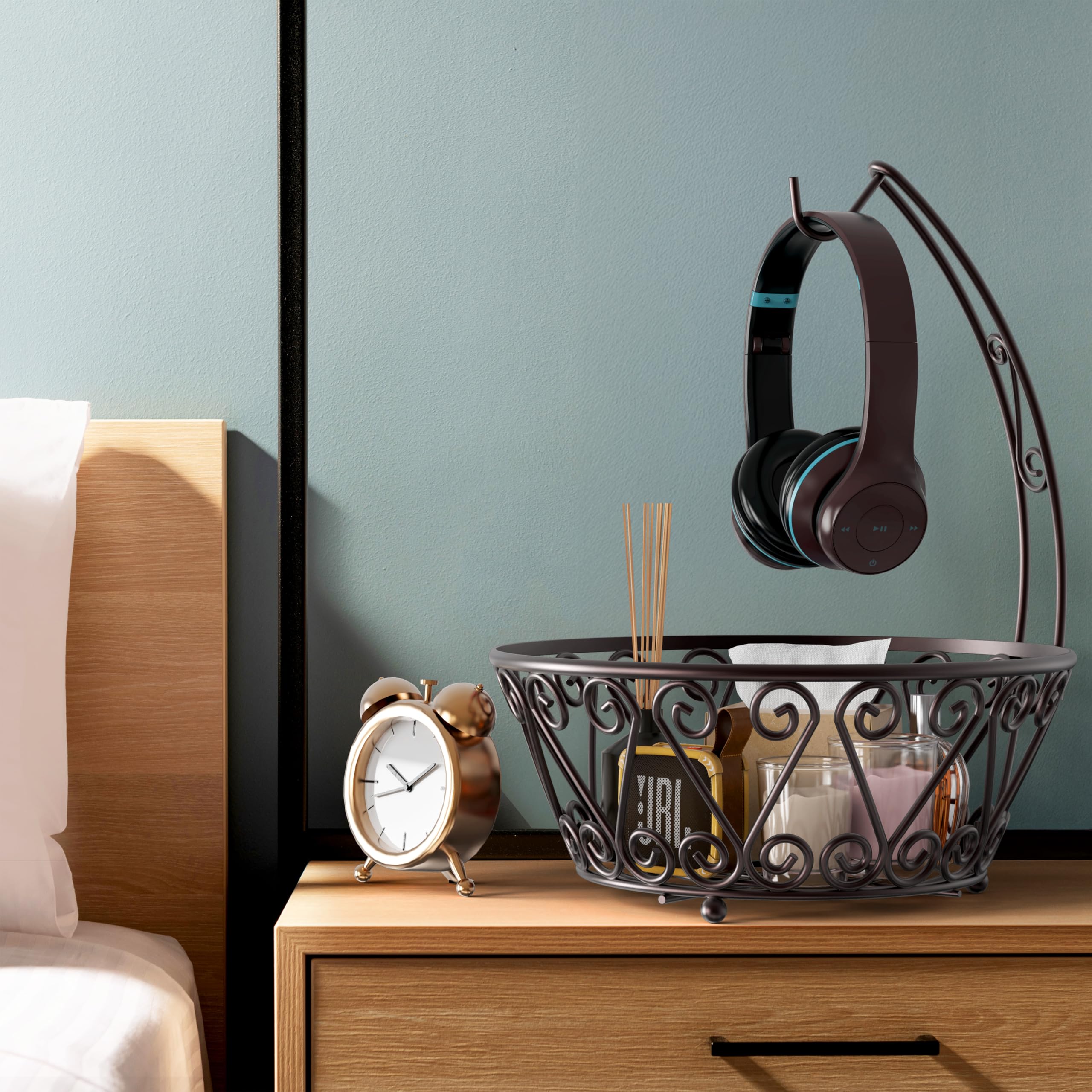 SimpleHouseware bronze finish enhances fruit presentation on the countertop.
