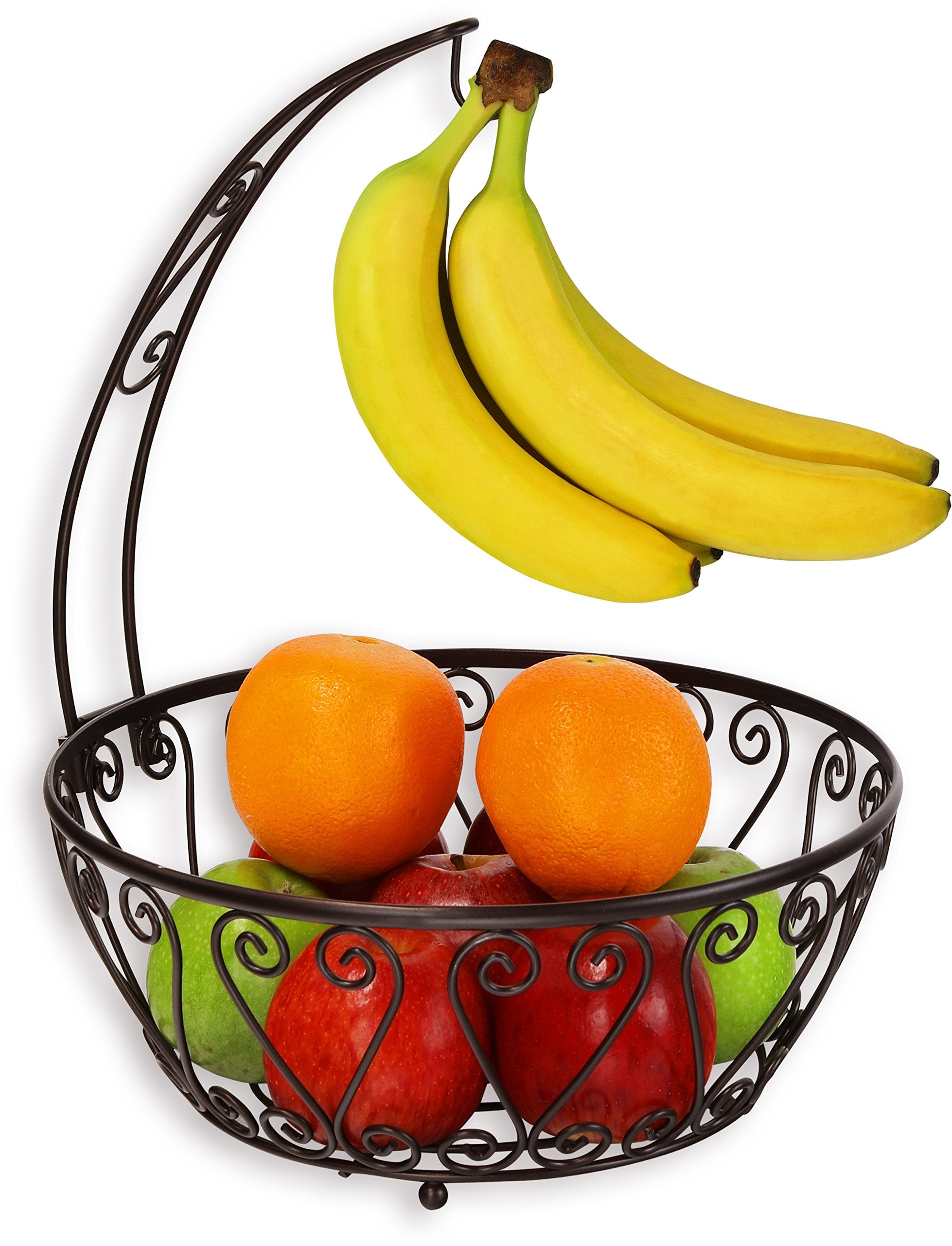 SimpleHouseware fruit bowl bronze with banana-tree hanger for organized display.