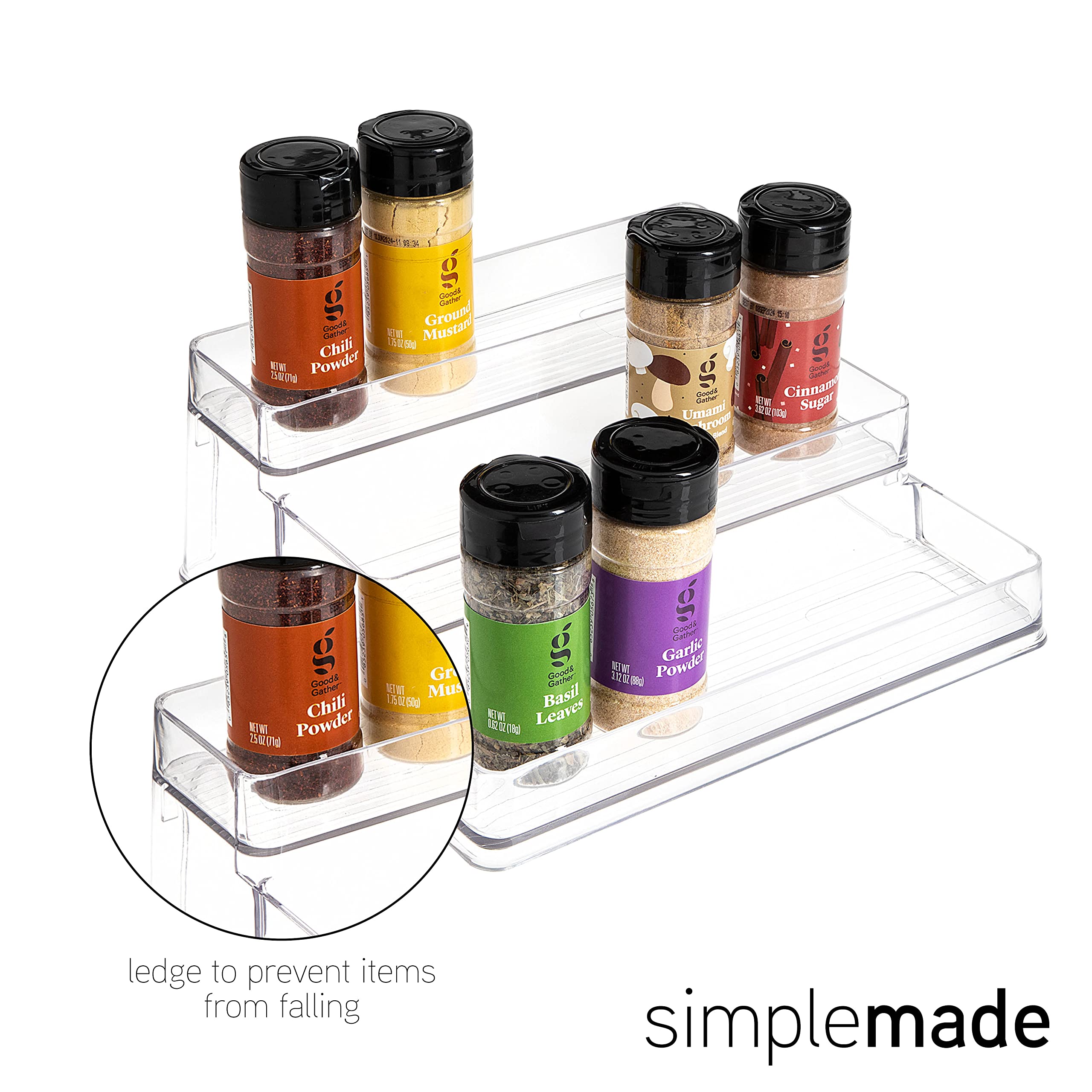 SIMPLEMADE 3-tier spice rack on kitchen counter for easy access.