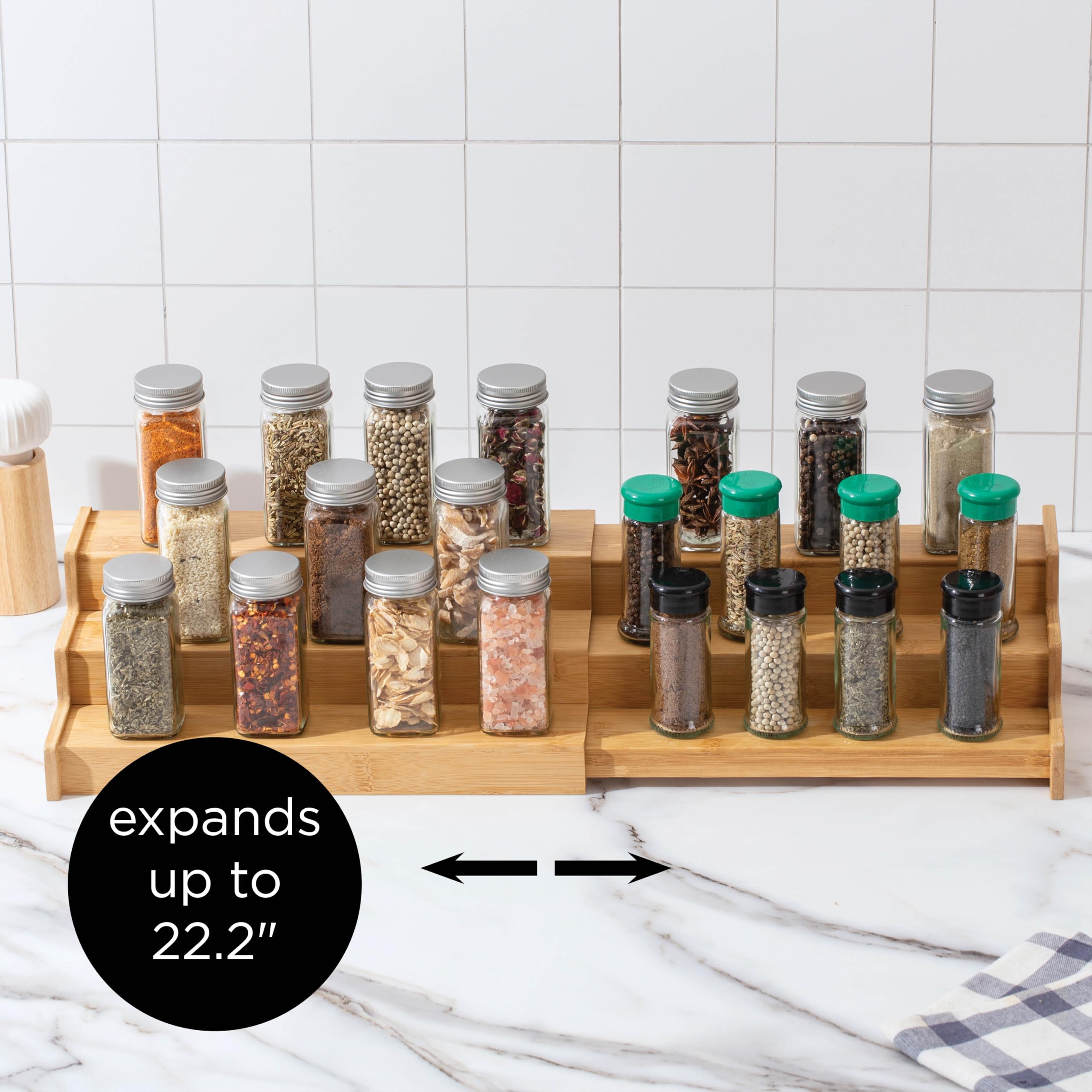 SIMPLEMADE 3-Tier Spice Rack side view shows sturdy bamboo and stable footprint.