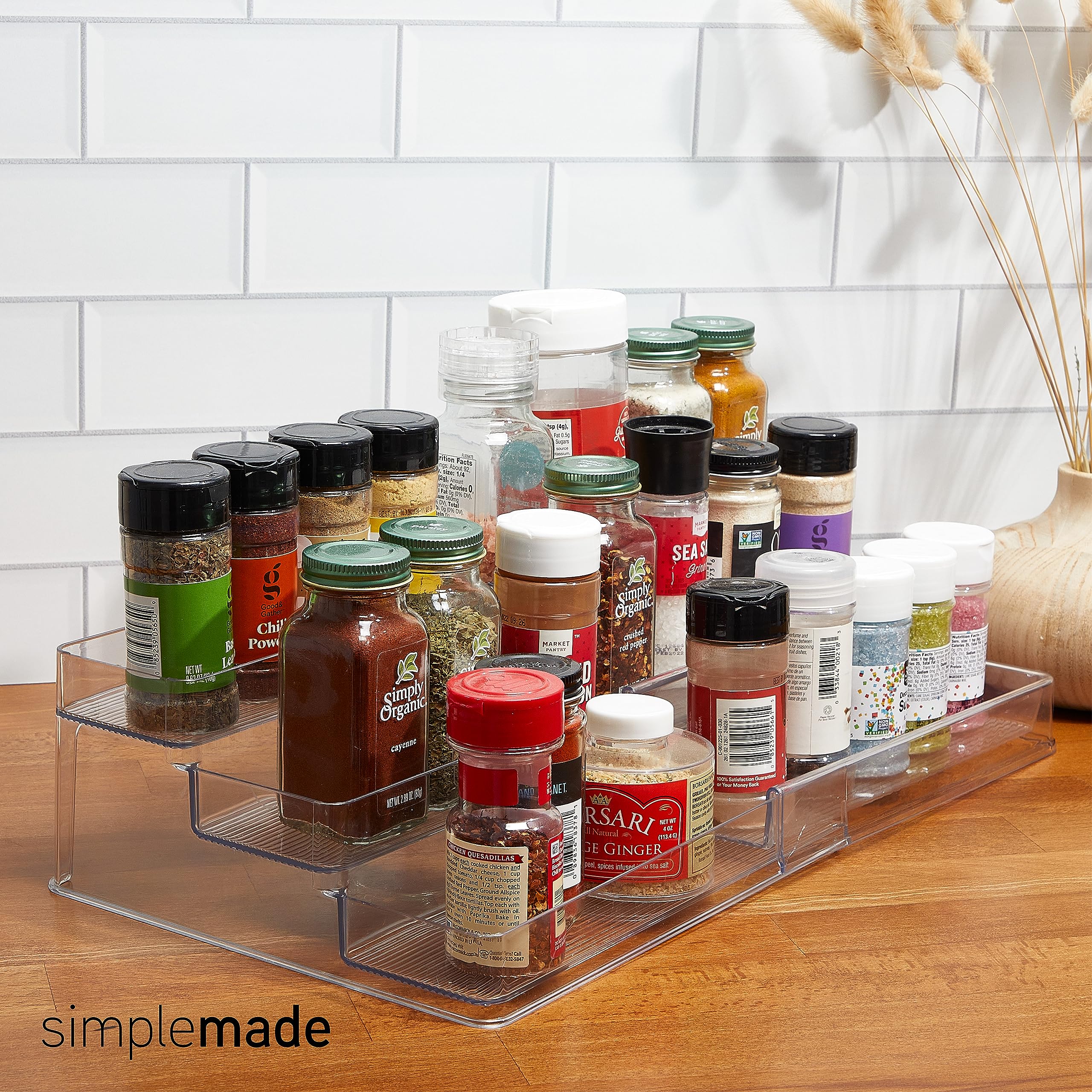 SIMPLEMADE clear spice rack with deep shelves keeps contents contained.