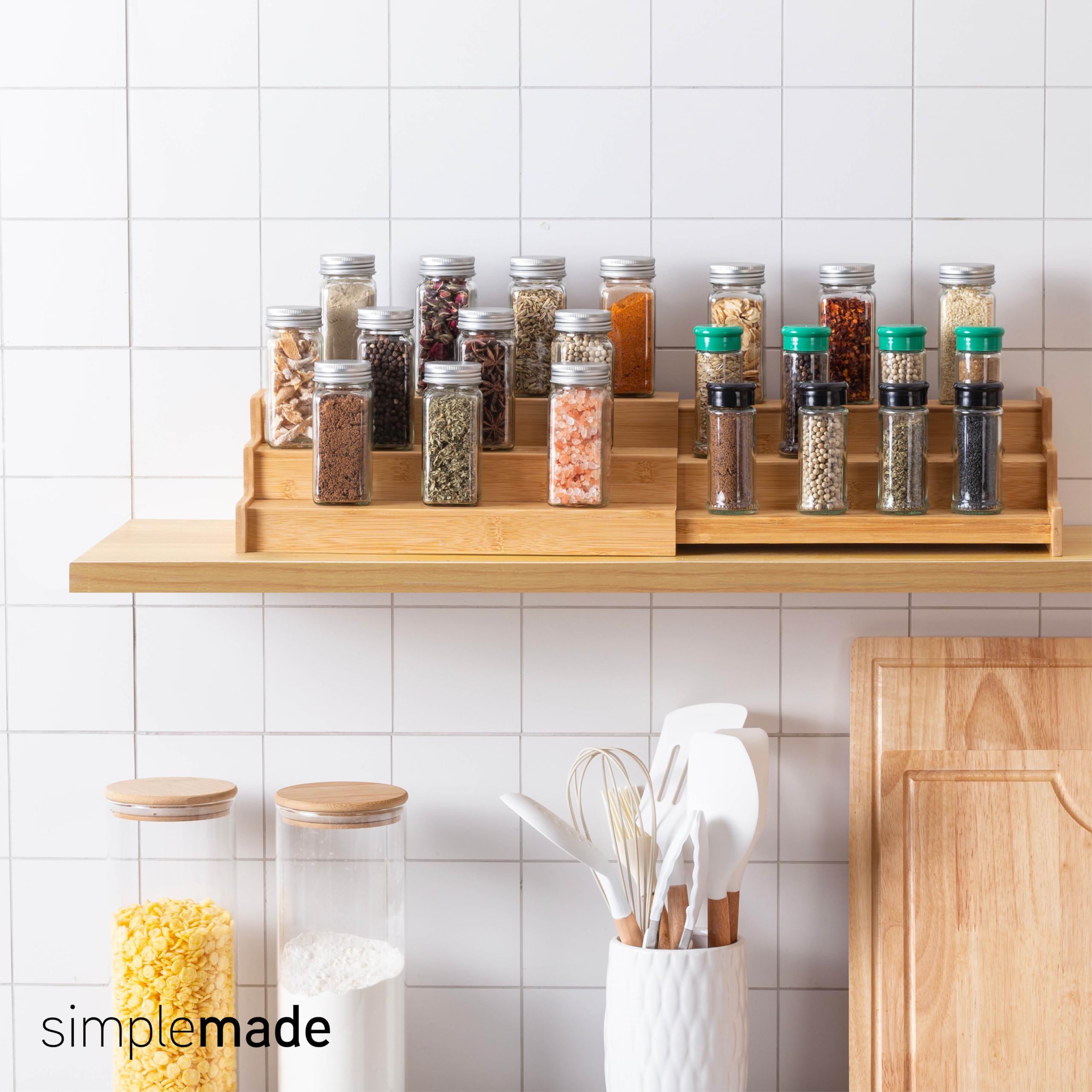 SIMPLEMADE kitchen storage demonstrates clear visibility of jars on three levels.
