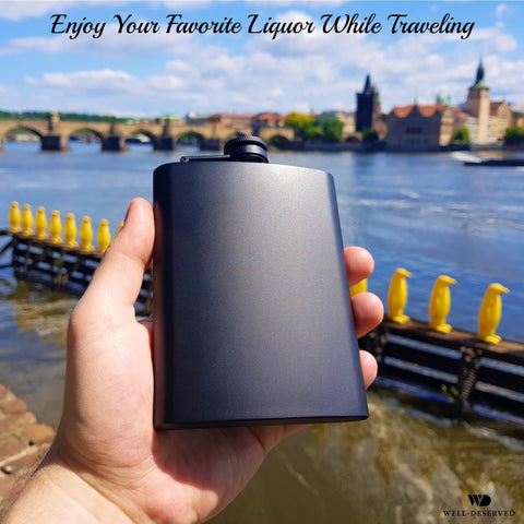Simpler Life flask with pour-spout funnel for spill-free filling.