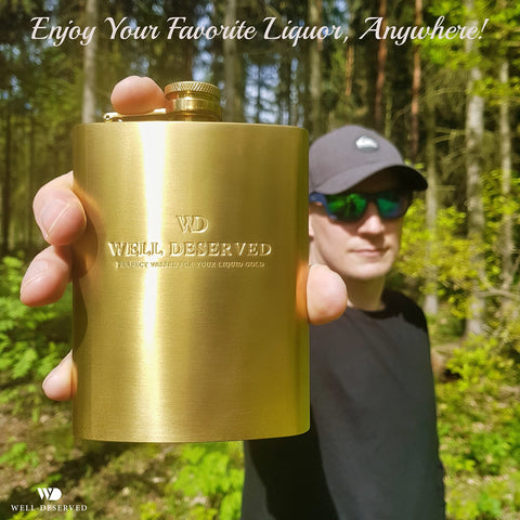 Simpler Life gold flask with funnel, ready for easy refills