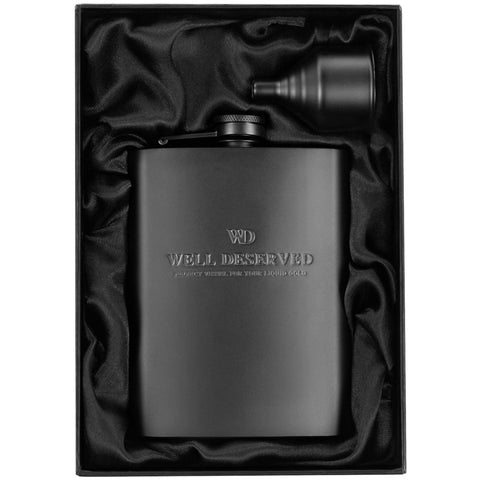 Simpler Life matte black flask 8oz for portable liquor on the go.