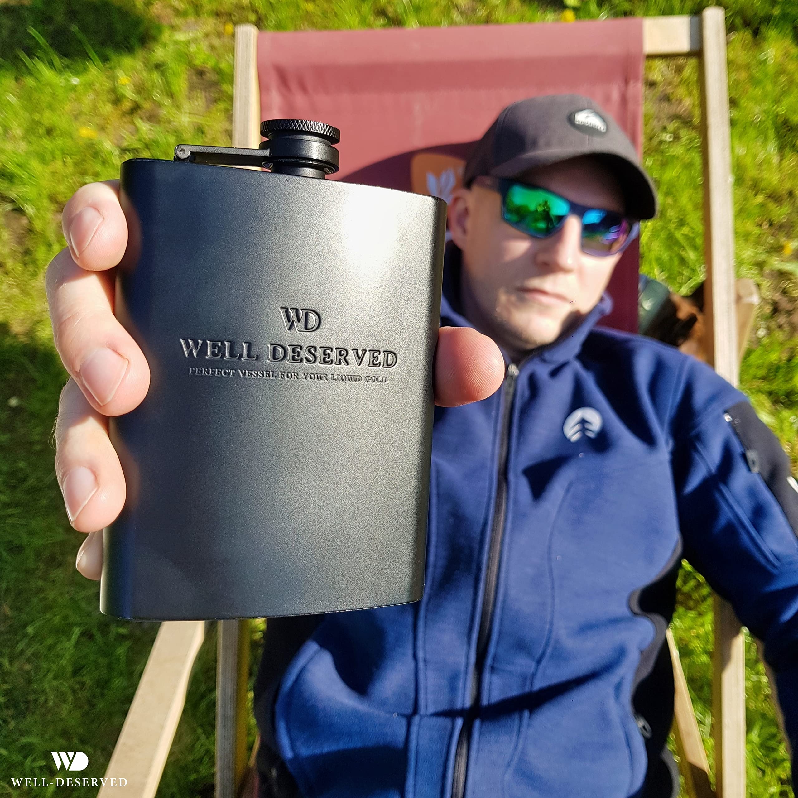Simpler Life stainless steel hip flask closeup highlights durable finish.