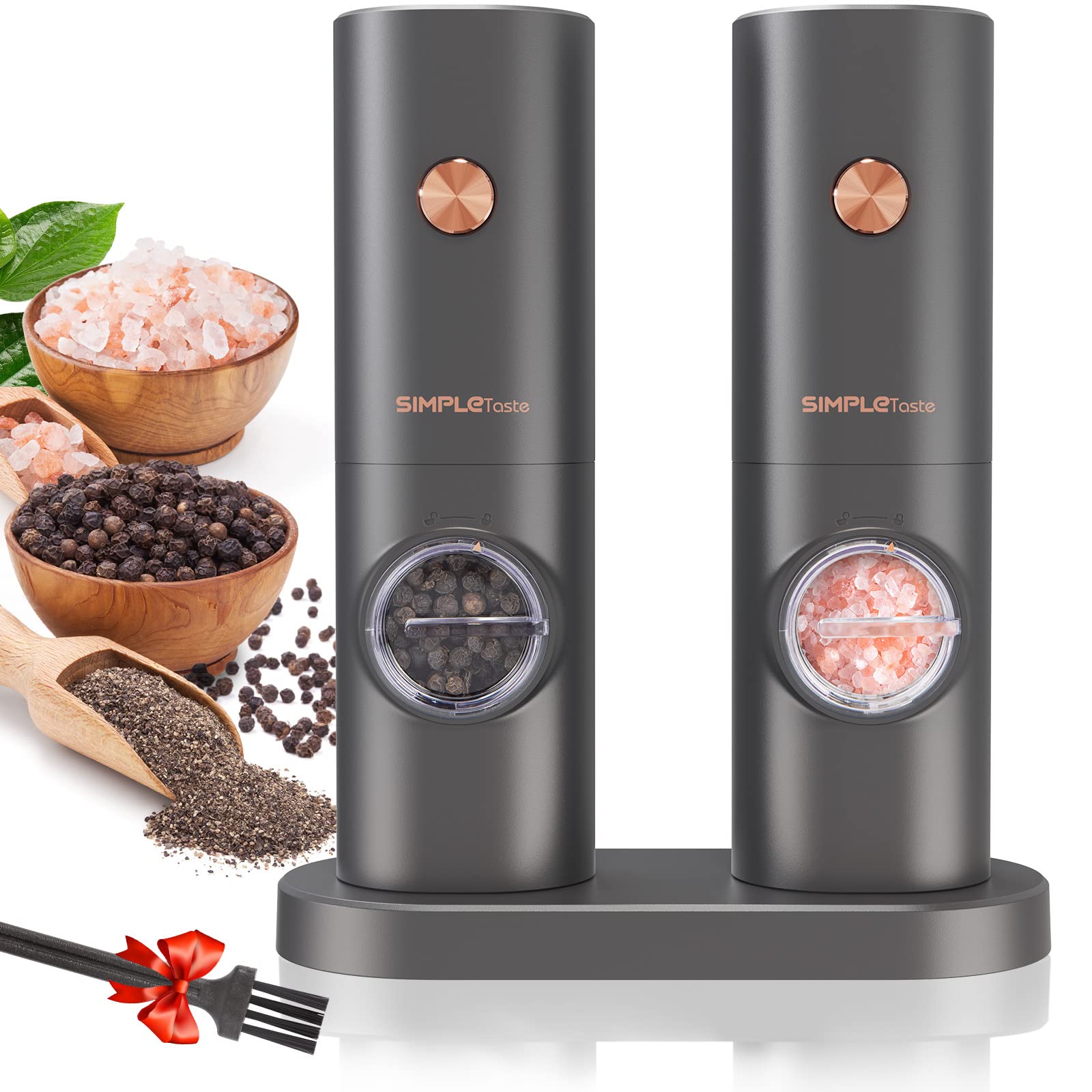 SIMPLETASTE electric grinder with stand base and LED light for organized seasoning.