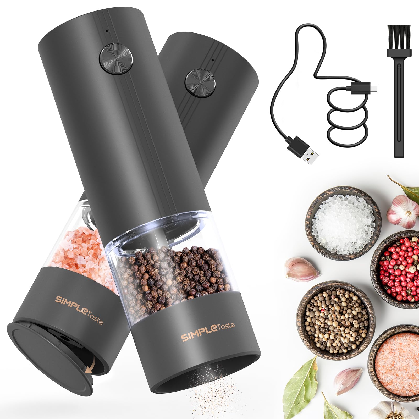 SIMPLETASTE electric grinders with LED light aid precise seasoning during quick meals.
