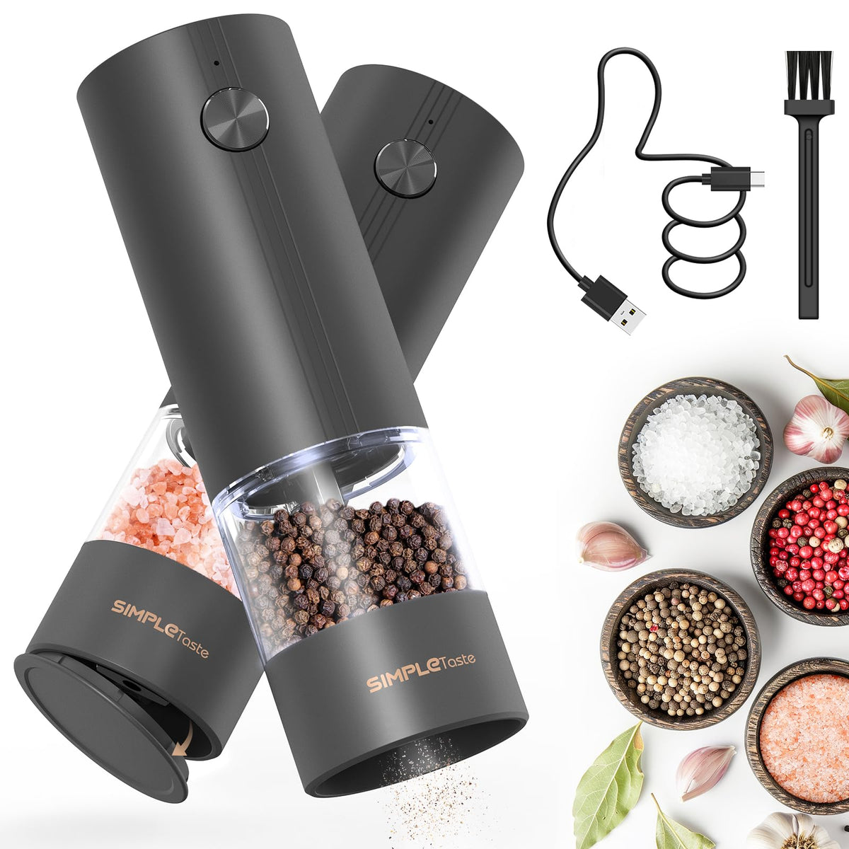 SIMPLETASTE electric grinders with LED light aid precise seasoning during quick meals.