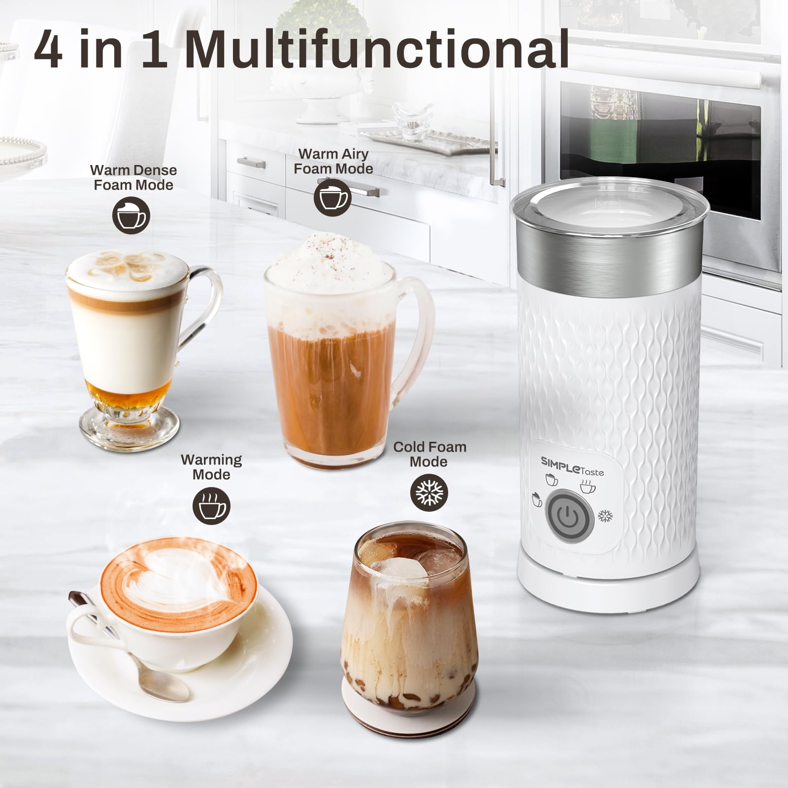 SIMPLETASTE Milk Frother control panel with 4-in-1 modes.