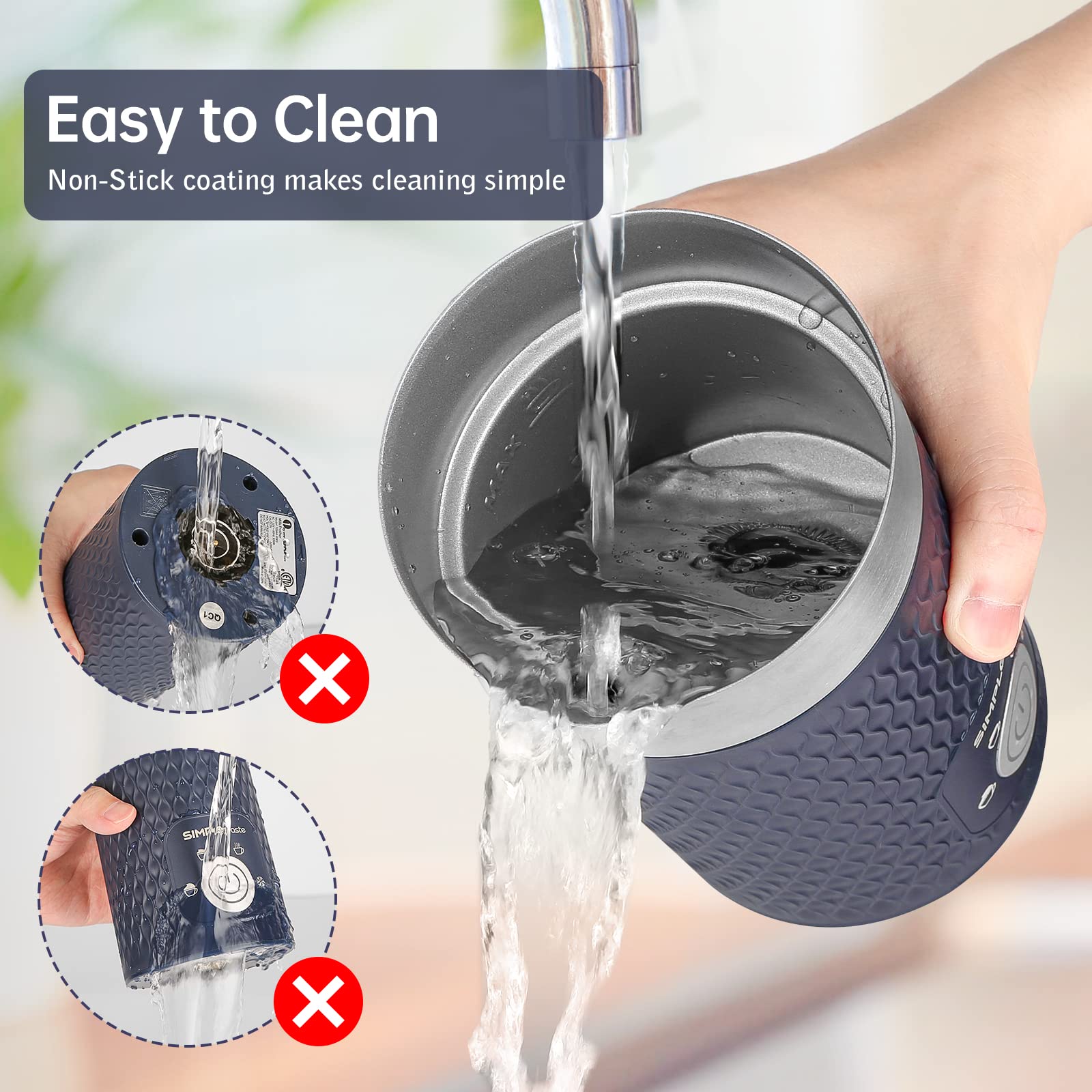 SimpleTASTE Milk Frother easy-clean interior with non-stick surface for quick cleanup.
