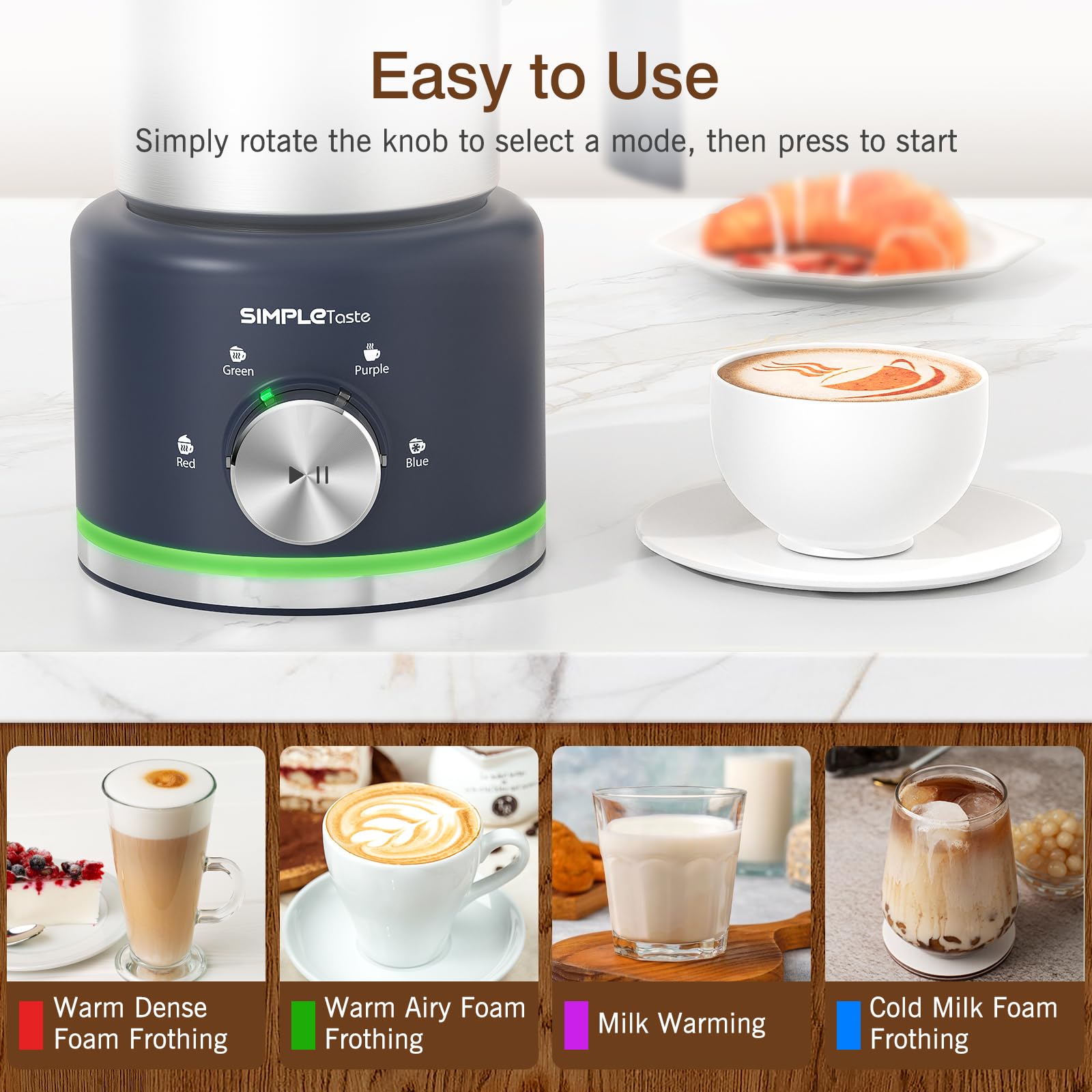 SIMPLETASTE Foam basket shows 4-in-1 versatility for hot and cold foam.