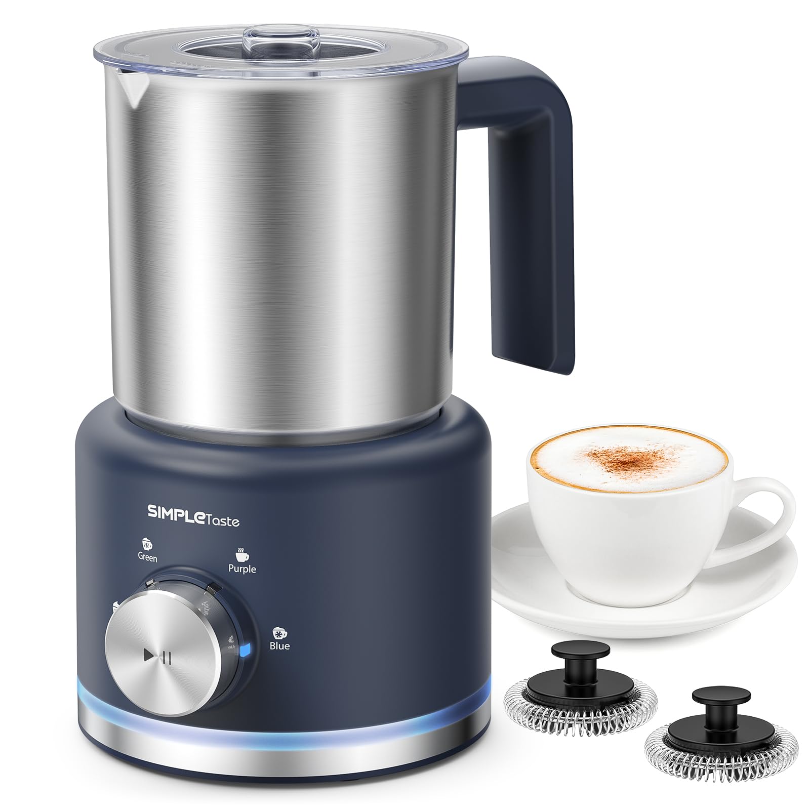 SIMPLETASTE Milk Frother front view with a sleek stainless body for easy home cafe use.