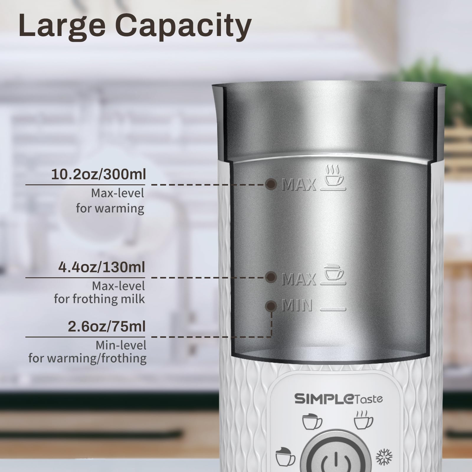 SIMPLETASTE Milk Frother inside view reveals non-stick coating for easy cleaning.