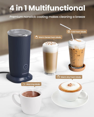 Simpletaste Milk Frother warms milk to approx 150 F for cozy drinks.