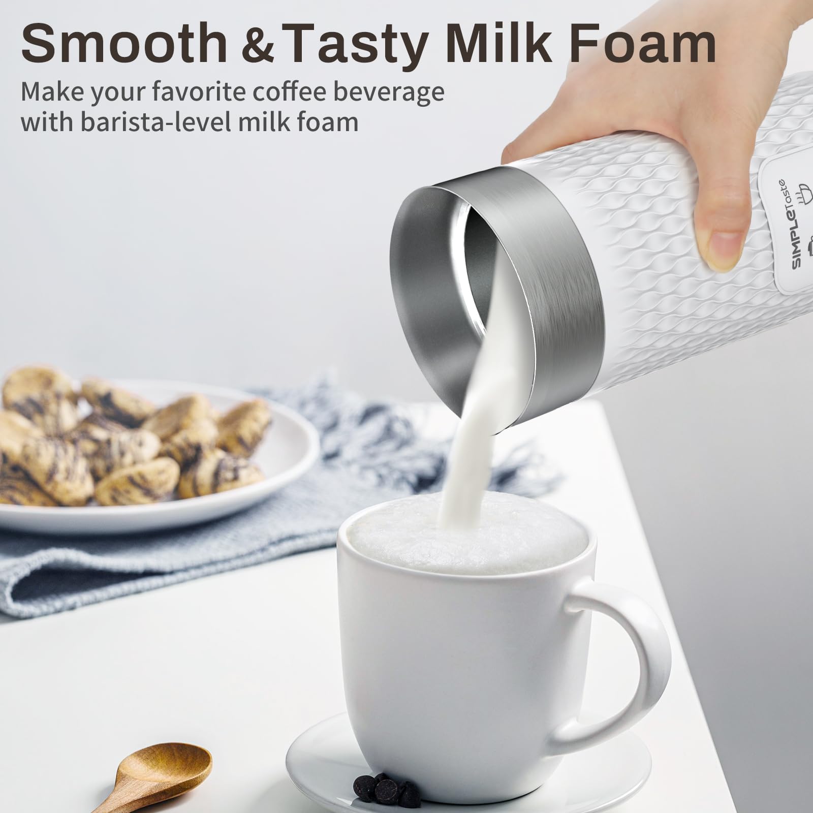 SIMPLETASTE Milk Frother pours warm milk for latte art.