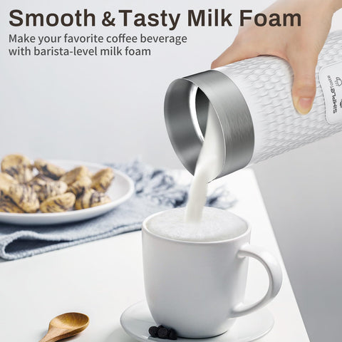 SIMPLETASTE Milk Frother pours warm milk for latte art.