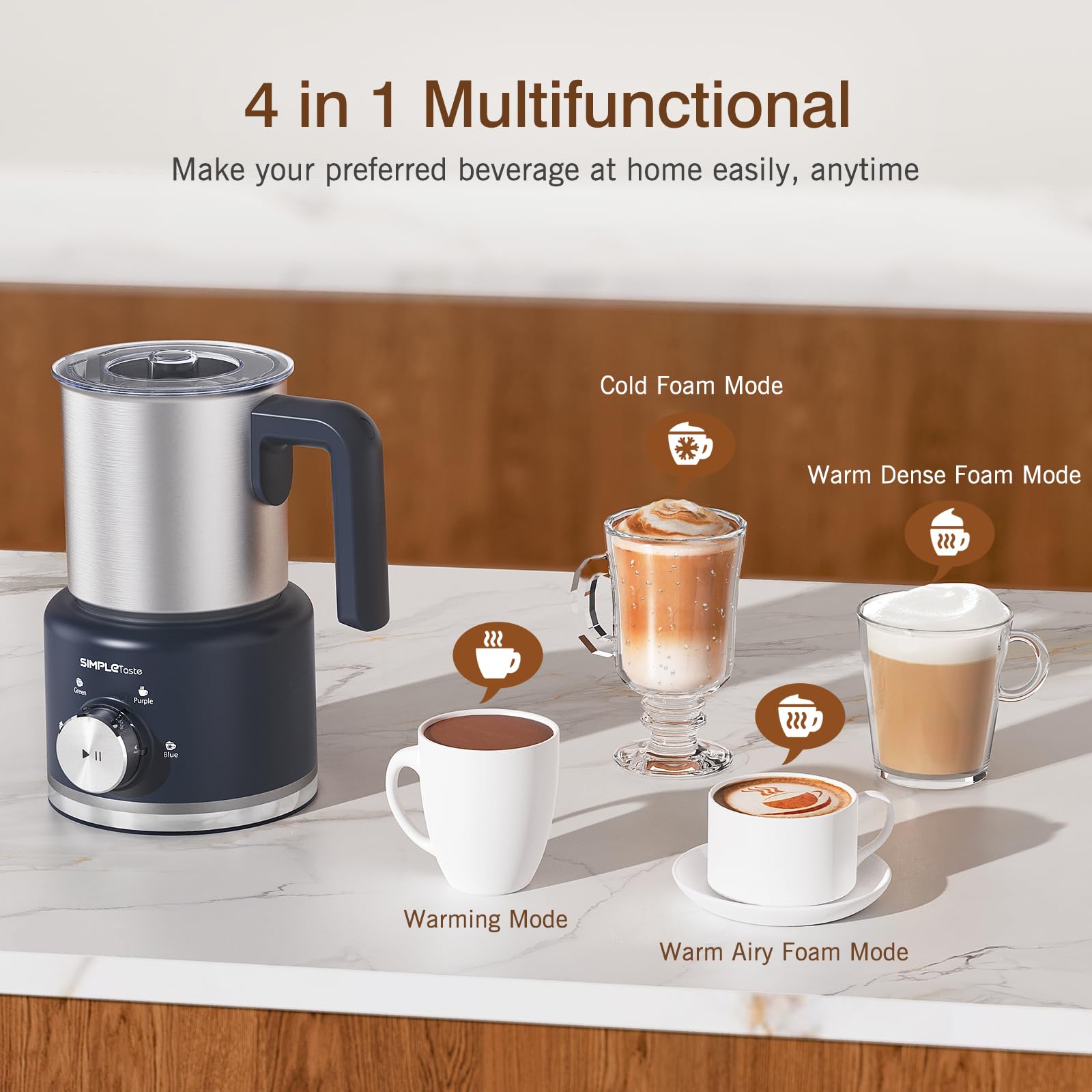 SIMPLETASTE Milk Frother side view highlighting durable stainless steel.