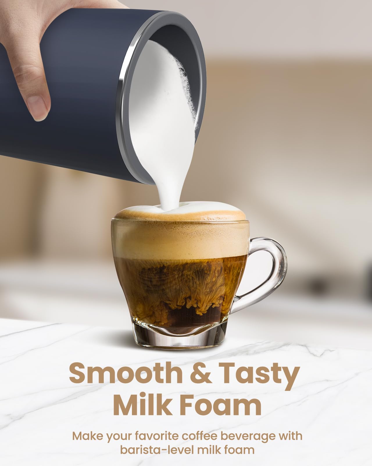 Simpletaste Milk Frother warm dense foam for creamy lattes and cappuccinos.