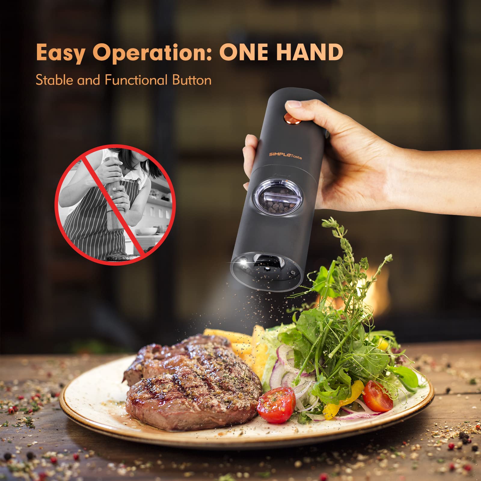 SIMPLETASTE grinder demonstrates one-handed operation for easy seasoning.