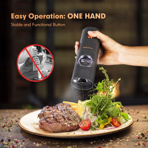 SIMPLETASTE grinder demonstrates one-handed operation for easy seasoning.