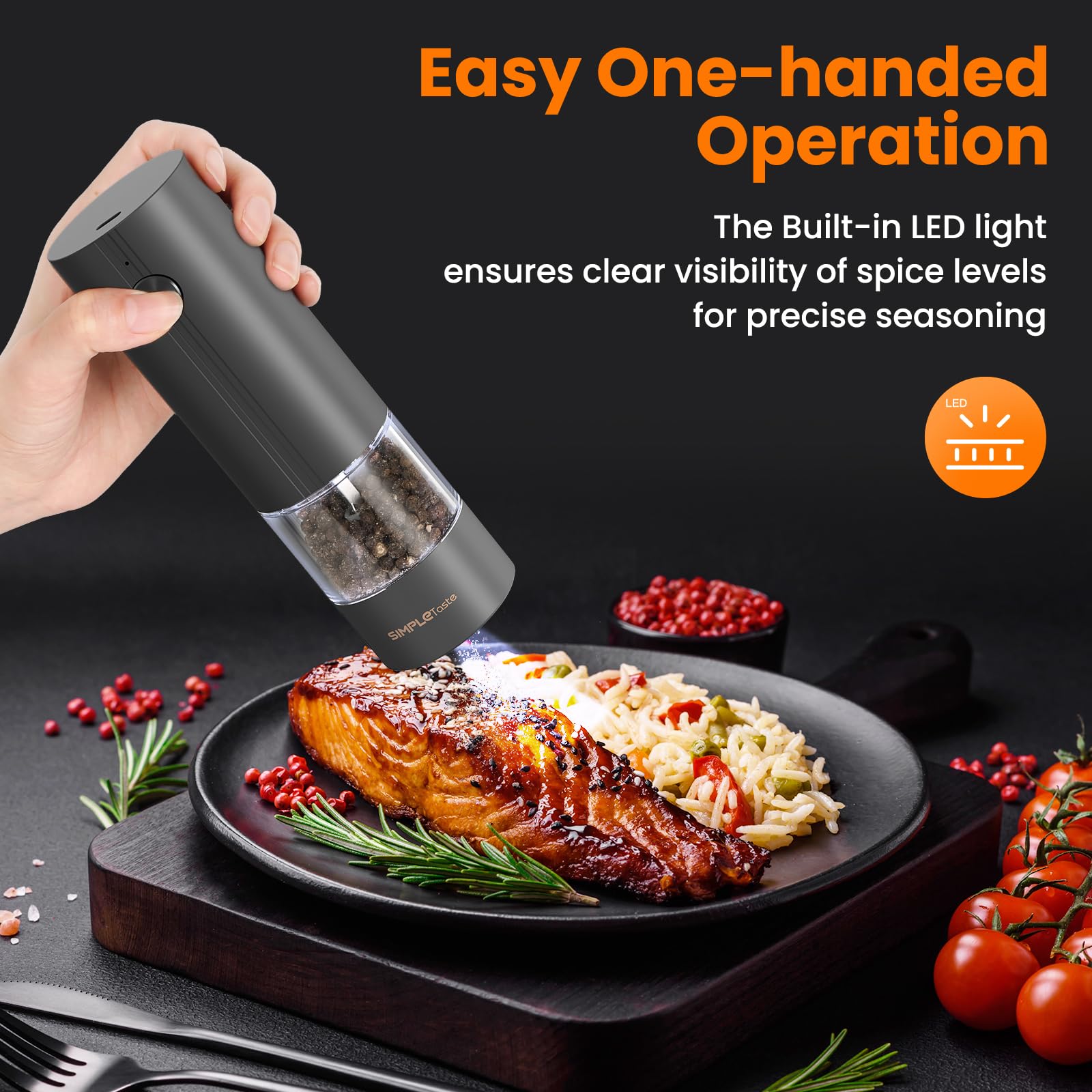 SIMPLETASTE rechargeable grinders shown with a Type-C port for fast charging.
