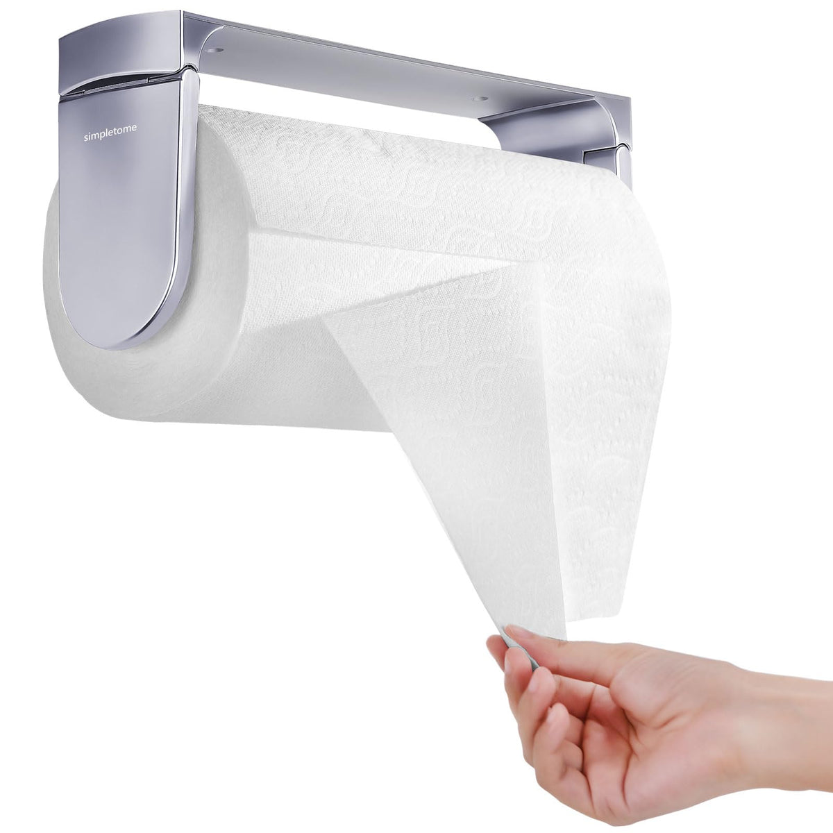 simpletome ONE under-cabinet adhesive holder keeps towels within easy reach.