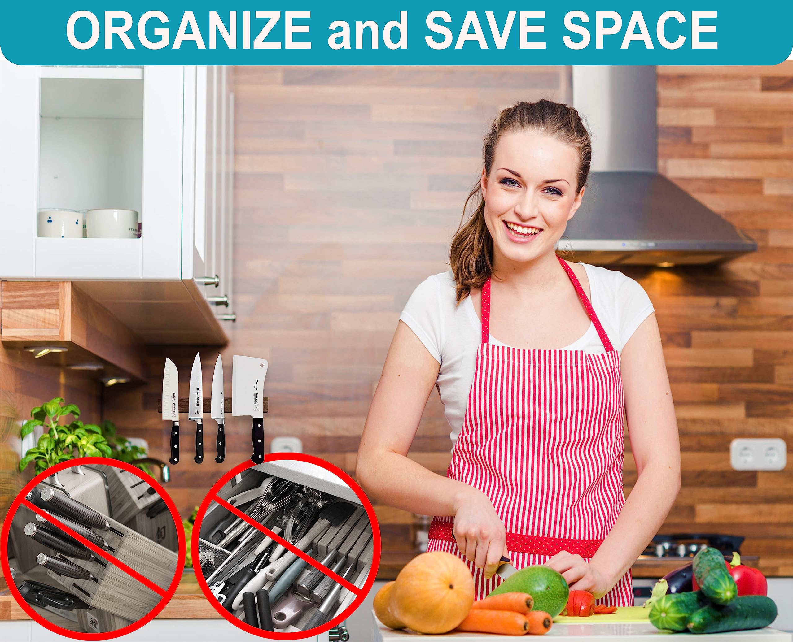 SimpleUsefulThings knife strip with knives hanging demonstrates instant access