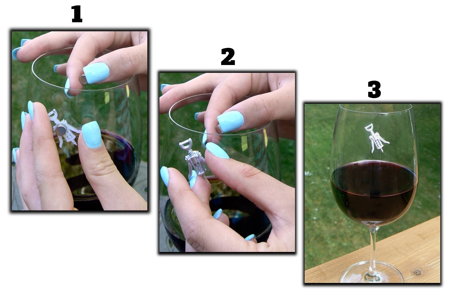 Simply Charmed Magnetic Wine Glass Charms on glass, magnets keep markers in place during sip