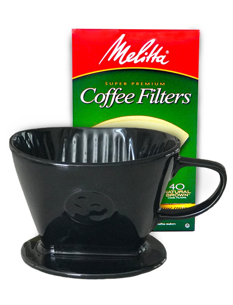 Simply Charmed pour-over brewer black with Melitta filters for a fresh cup