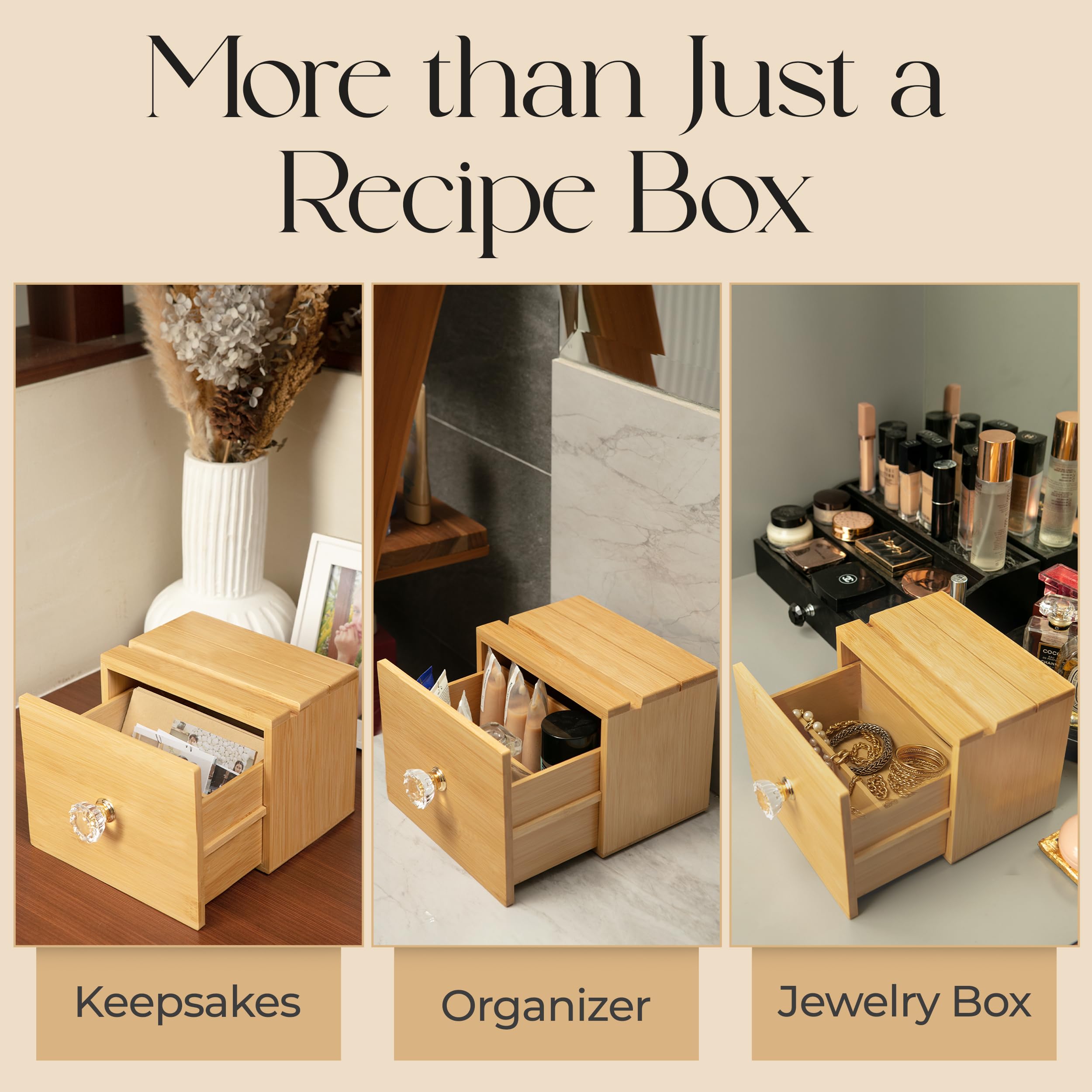 Simply Daisy built-in recipe card holder keeps pages upright for easy viewing.